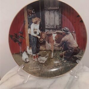 Norman Rockwell Plate with Red Barn and Brown Cow